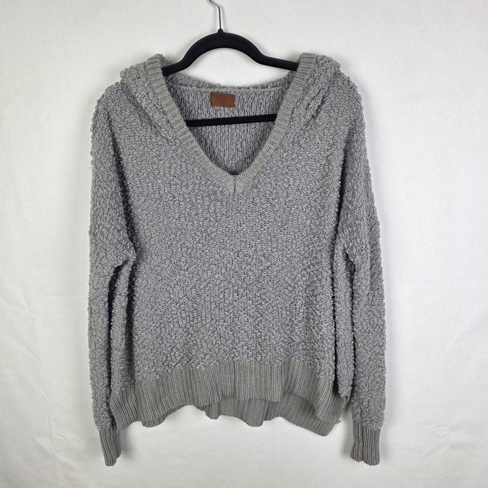 POL Clothing Gray Popcorn Knit‎ Oversized V-Neck Hoodie Sweater POL15